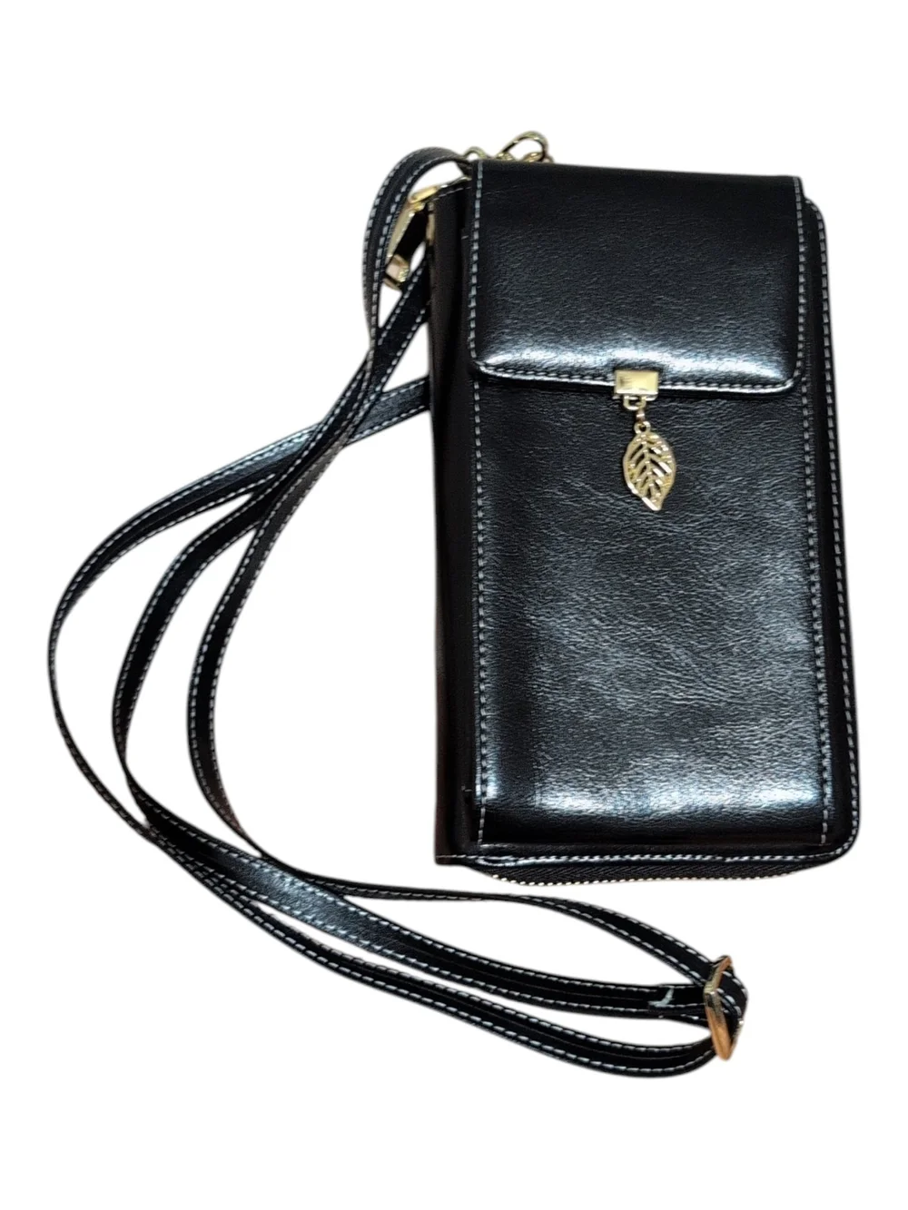 Black Crossbody Wallet with Leaf Charm